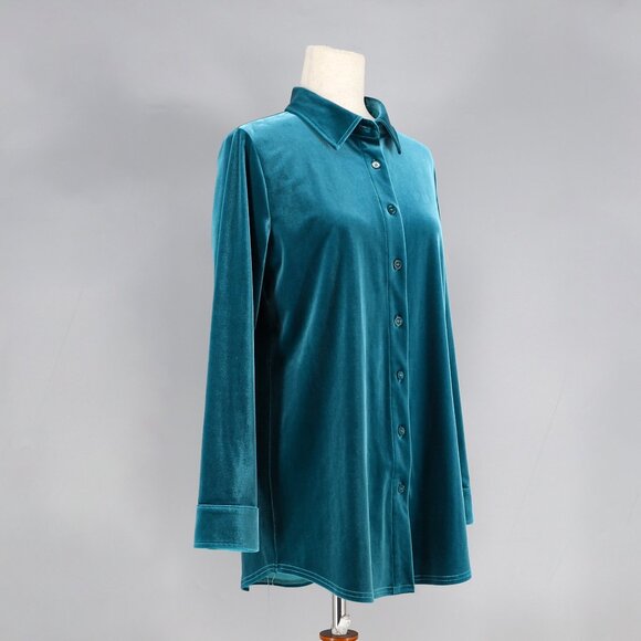 SOFT SURROUNDINGS Velvet Boyfriend Tunic Button Down Shirt Teal Blue Size S - Picture 2 of 7